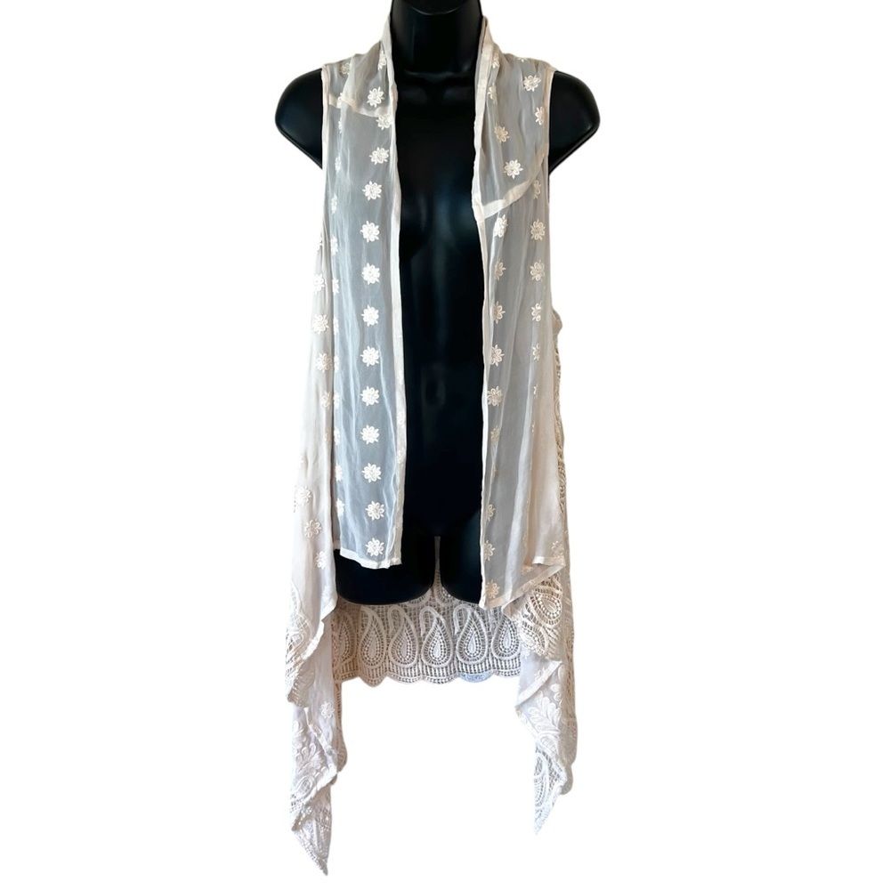 Silk Floral Embroidered Lace Sleeveless Duster Kimono